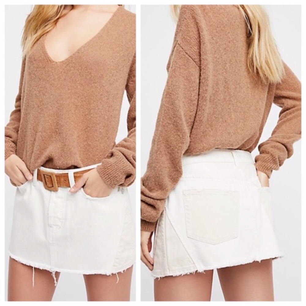 Free People Patched Denim Skirt Sz 30 Ivory Cream Button Fly Raw Hem Boho‎